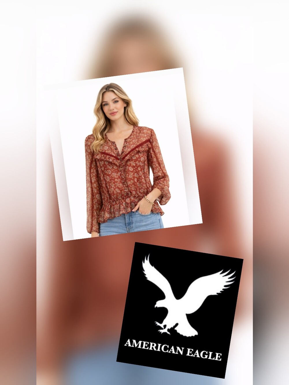 American Eagle Burgundy Floral Sheer Metallic Peplum Boho Blouse 